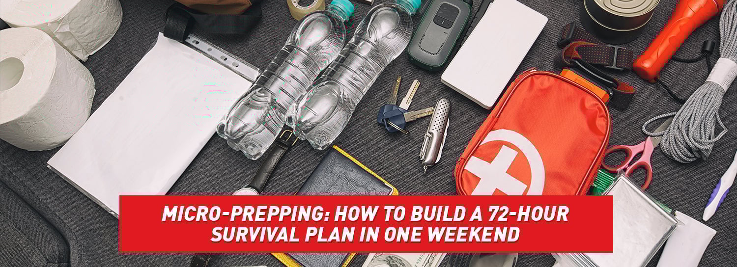 An arrangement of survival supplies laid out on the ground.