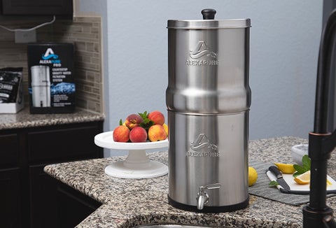 The Alexapure Pro Water Filtration System on a counter in a kitchen.