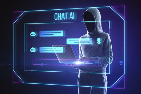 A person wearing a hooded jacket, standing and using a computer with chatbots.