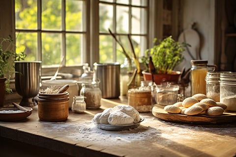 Fresh bread dough sitting on a plate atop a wooden table.