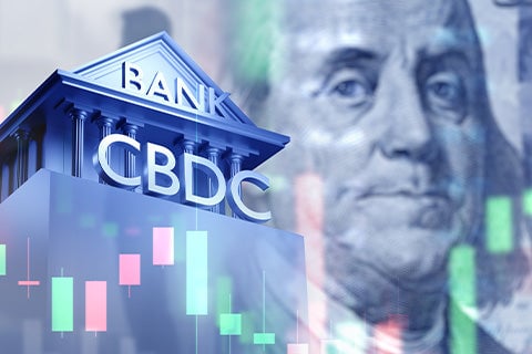 A George Washington dollar bill background with a financial building in front.