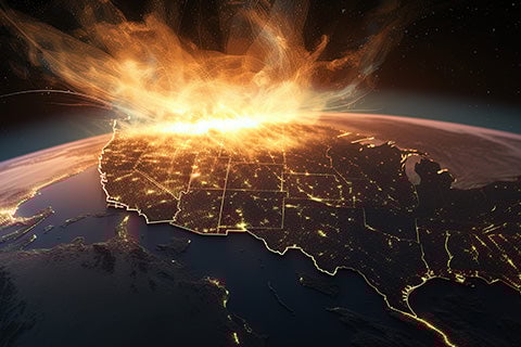 A solar flare above a map of the united states.