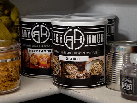 Ready Hour #10 cans sitting on a pantry shelf.