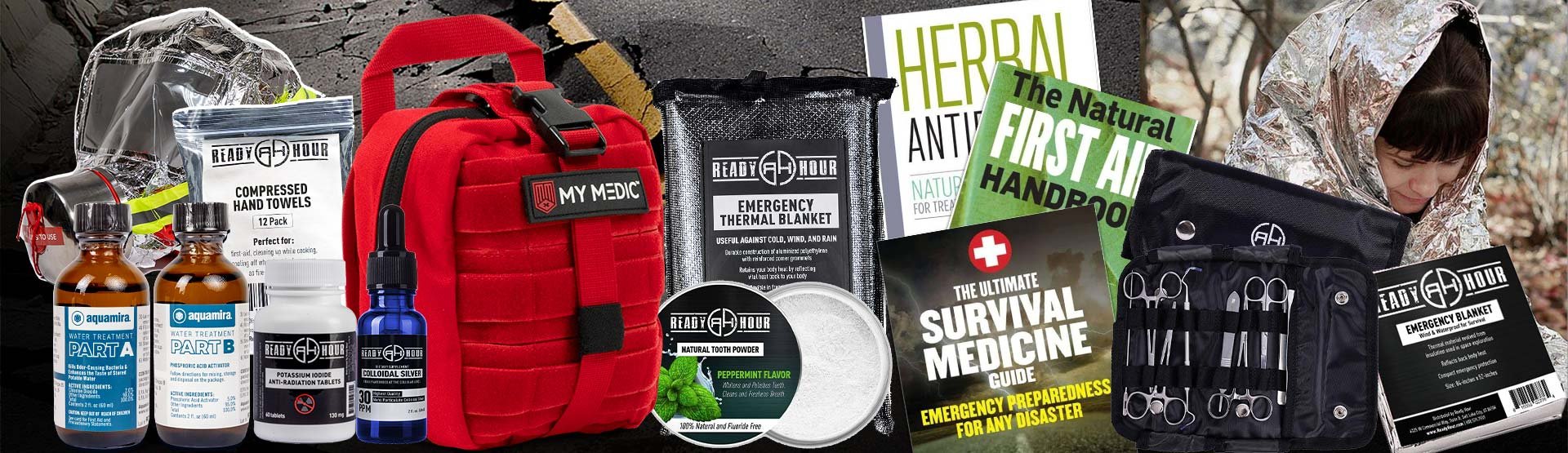 an assortment of first aid and medical supplies, books, medicines, thermal blanket, etc.