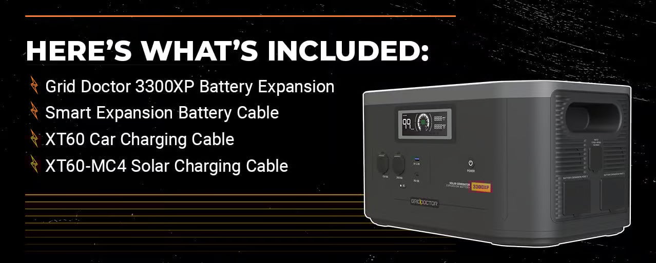 Here’s what’s included: Grid Doctor 2200XP Battery Expansion, Smart Expansion Battery Cable, XT60 Car Charging Cable, XT60-MC4 Solar Charging Cable
