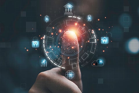 Man using thumb to scan finger print or for digital processing biometric identification to access security system includes internet banking, cloud system and mobile phone , Cyber security