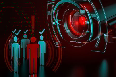 Giant camera checkes group of people as a metaphor of AI-driven (artificial intelligence) surveillance system taking control over world we know concept.
