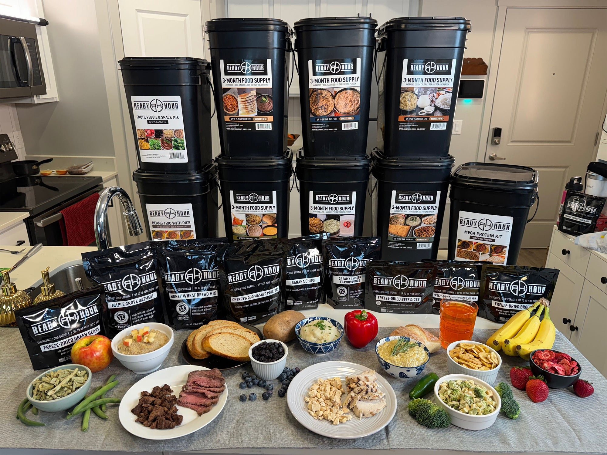 Ready Hour Buckets and Food on Table