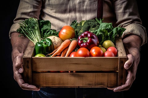 A person holding a wood crate full of fresh fruits and vegetables.