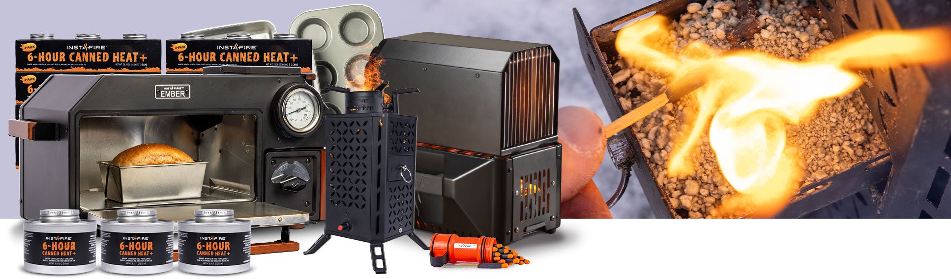 Ember Overn, Inferno Pro, and the Vesta Space Heater & Stove grouped together with 6-Hour Canned Heat, Ember Oven Pans, and Stormproof Matches.