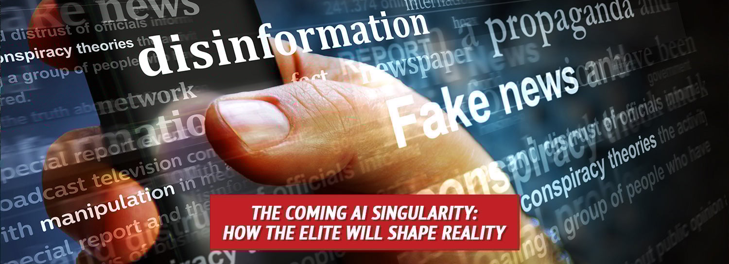 A person using their phone, words like "disinformation" and "fake news" all over the screen.