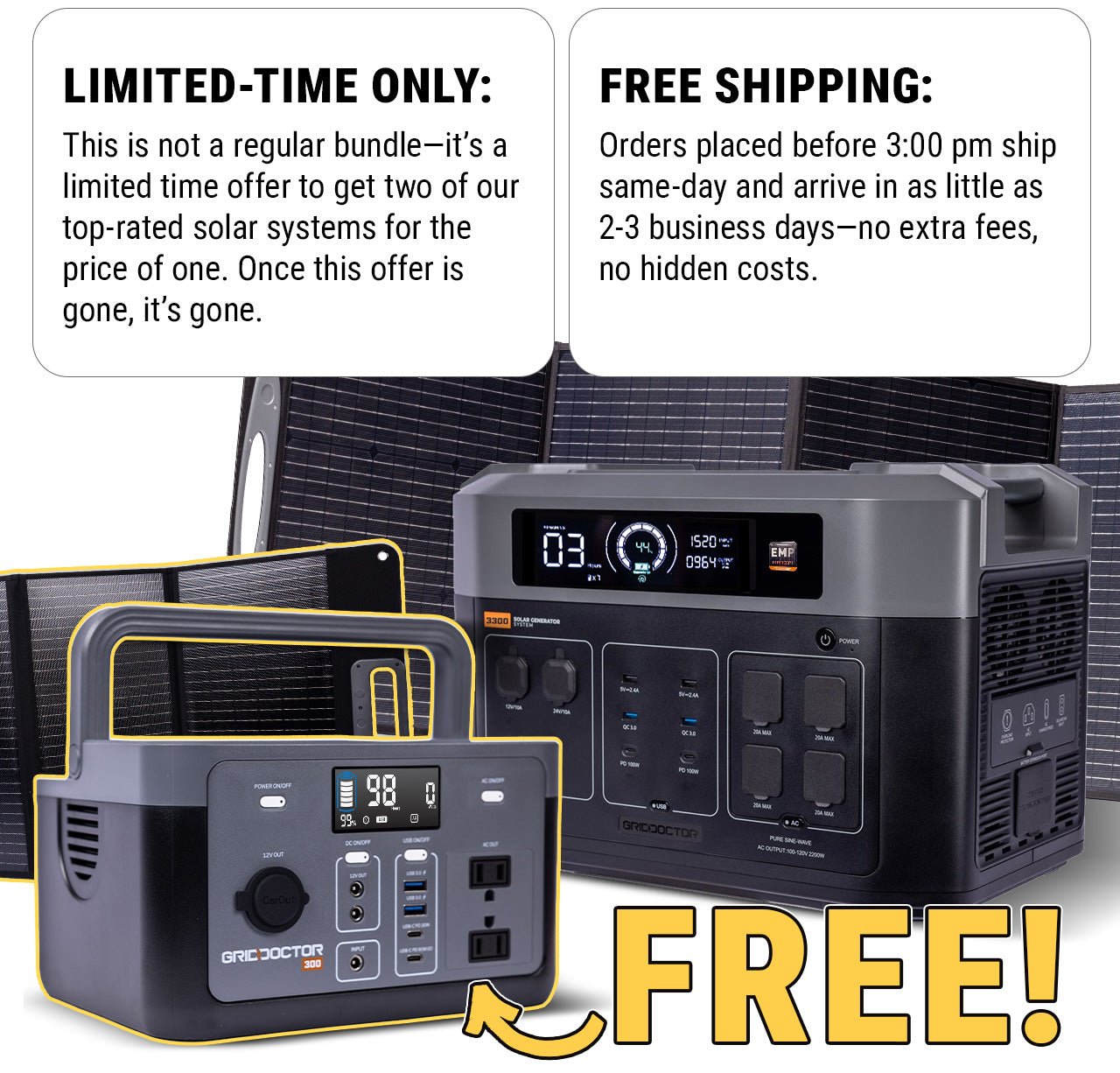 Limited Time Only. Free Shipping. Arrow pointing to Grid Doctor 300 that says 'FREE'
